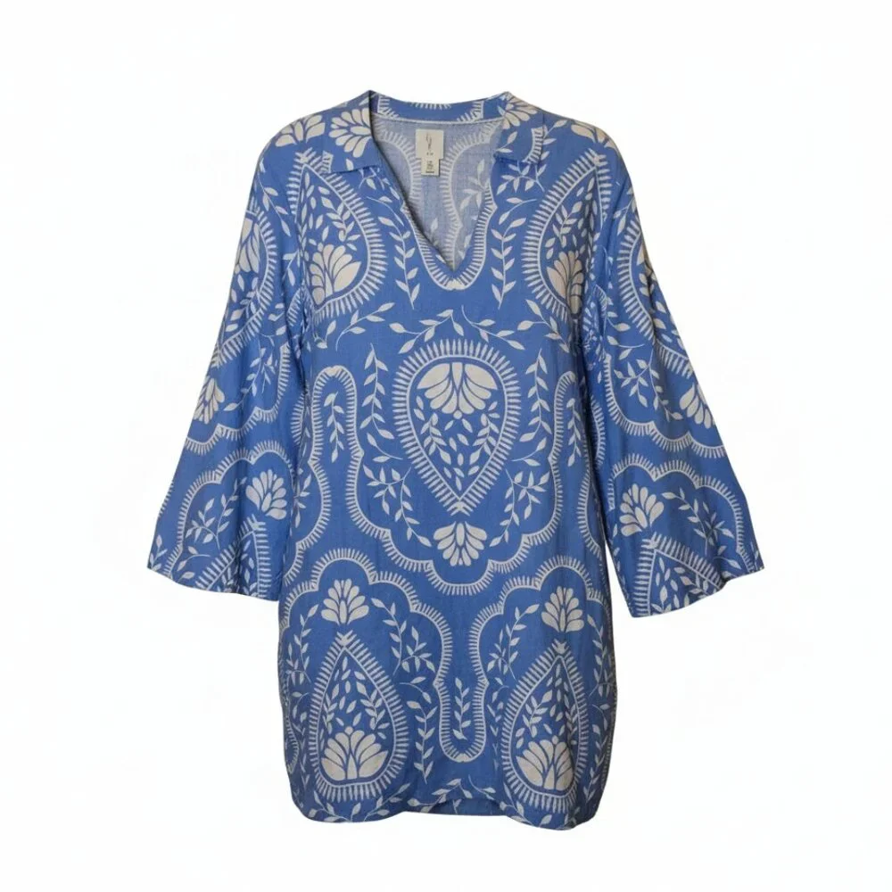 Joie Blue White Paisley Tunic Dress Size 8 Bell Sleeve Boho Resort Mini